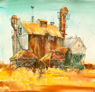 Schilderij getiteld "Derelict farm" door Mariya Volynskih, Origineel Kunstwerk, Aquarel