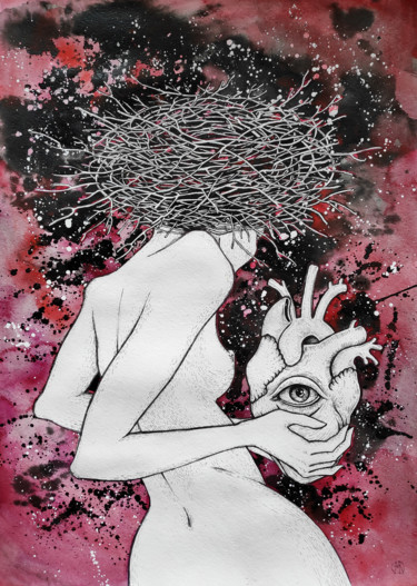 Drawing titled "The girl, a nest, a…" by Mariya Markina, Original Artwork, Gel pen