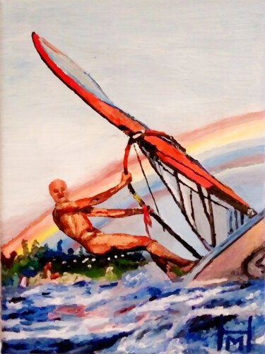 Pintura titulada ""Windsurfing Self-P…" por Mark Herzog, Obra de arte original, Oleo Montado en Bastidor de camilla de madera