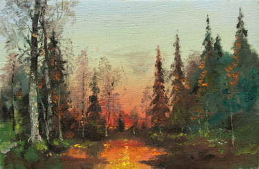 Painting titled "Evening in forest,…" by Mark Kremer, Original Artwork, Oil