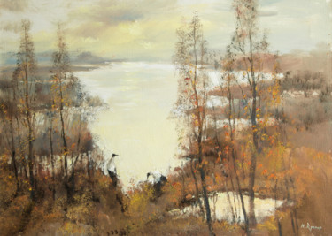 Painting titled "Cranes on the pond" by Mark Kremer, Original Artwork, Oil