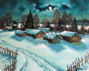 Peinture intitulée "Moonlit Rural Night" par Mark Kremer, Œuvre d'art originale, Huile