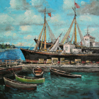 Ζωγραφική με τίτλο "Seiner boat in wharf" από Mark Kremer, Αυθεντικά έργα τέχνης, Λάδι