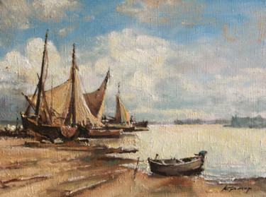Ζωγραφική με τίτλο "Boats by shore" από Mark Kremer, Αυθεντικά έργα τέχνης, Λάδι