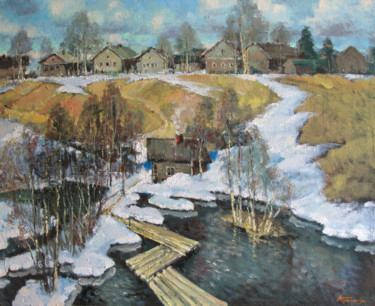 Pintura intitulada "Spring flood" por Mark Kremer, Obras de arte originais, Óleo