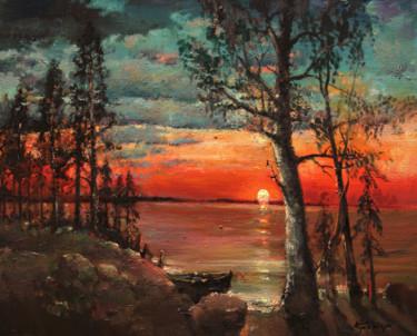 Ζωγραφική με τίτλο "Fiery sunset. Boat…" από Mark Kremer, Αυθεντικά έργα τέχνης