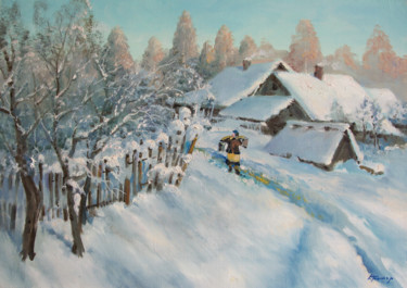 Картина под названием "Winter morning in v…" - Mark Kremer, Подлинное произведение искусства, Масло