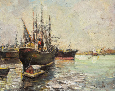 Painting titled "At the pier. Ship" by Mark Kremer, Original Artwork, Oil