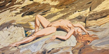 「On the Rocks」というタイトルの絵画 Mark Robertsによって, オリジナルのアートワーク, アクリル ウッドストレッチャーフレームにマウント