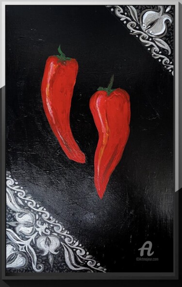 Schilderij getiteld "TWO RED HOT CHILI P…" door Marta Abdullaeva (ATRAM), Origineel Kunstwerk, Acryl Gemonteerd op Karton