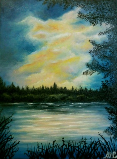 Peinture intitulée "Tramonto sul lago" par Marta Castellani, Œuvre d'art originale, Huile Monté sur Panneau de bois