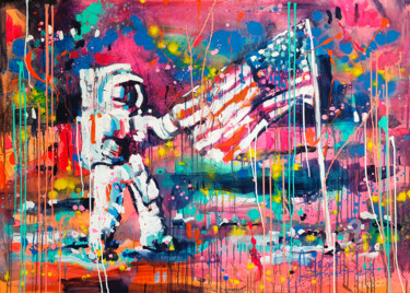 Painting titled "Moon landing" by Marta Zawadzka, Original Artwork, Acrylic Mounted on Wood Stretcher frame