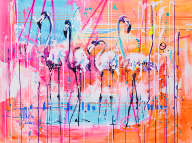 Pintura titulada "Colorful flamingos" por Marta Zawadzka, Obra de arte original, Acrílico Montado en Bastidor de camilla de…