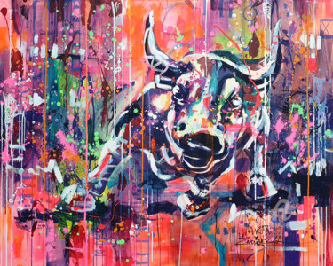 Schilderij getiteld "Charging Bull" door Marta Zawadzka, Origineel Kunstwerk, Acryl Gemonteerd op Frame voor houten brancard