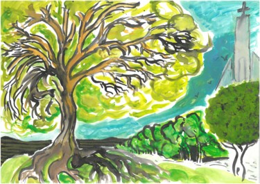 Malarstwo zatytułowany „Tree and Church” autorstwa Martin Rupp, Oryginalna praca, Gwasz