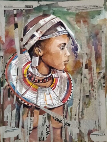 Pittura intitolato "femme africaine" da Martine Banacer, Opera d'arte originale, Acquarello