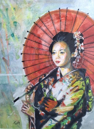 Painting titled "Kimono 2" by Martine Banacer, Original Artwork, Watercolor