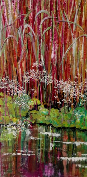 绘画 标题为“Jardin rose” 由Martine Bardiaux, 原创艺术品, 油 安装在木质担架架上