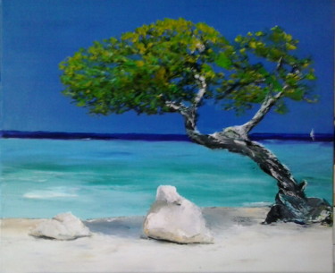 Painting titled "mer turquoise" by Martine Biehler, Original Artwork, Oil