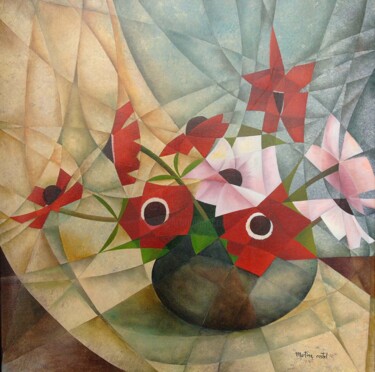 Painting titled "Perles et Rubis" by Martine Castel, Original Artwork, Oil Mounted on Wood Stretcher frame