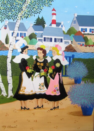Картина под названием "Les trois bretonnes" - Martine Clouet, Подлинное произведение искусства, Масло Установлен на Деревянн…
