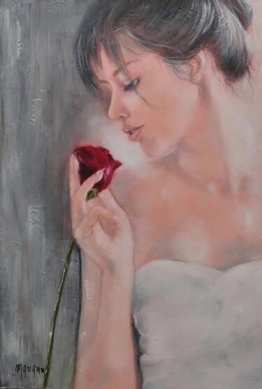 Картина под названием "La rose rouge" - Martine Gregoire, Подлинное произведение искусства, Масло Установлен на Деревянная р…