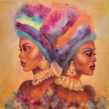 Painting titled "Couleurs africaines" by Martine Gregoire, Original Artwork, Oil Mounted on Wood Stretcher frame
