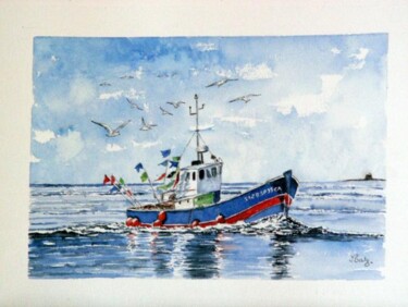 Schilderij getiteld "Bateau de pêche au…" door Martine Salmon, Origineel Kunstwerk