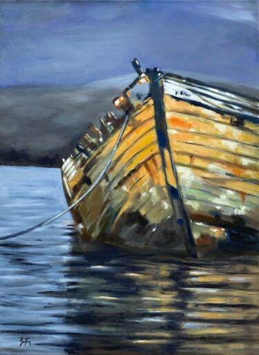 Painting titled "La vieille barque" by Martine Sentein, Original Artwork, Oil Mounted on Wood Stretcher frame
