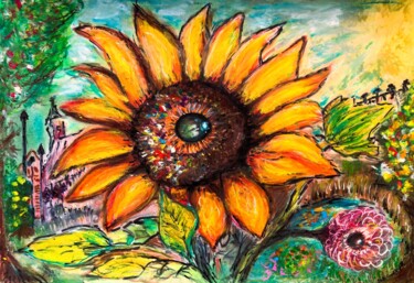 Dibujo titulada "Just a sunflower" por Martine Weber, Obra de arte original, Pastel