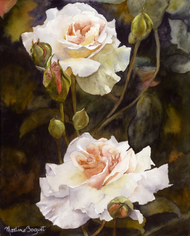 Painting titled "Deux roses blanches" by Martine Boguet, Original Artwork, Watercolor Mounted on Wood Stretcher frame