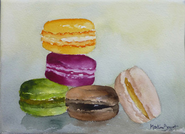 Painting titled "Macarons en farando…" by Martine Boguet, Original Artwork, Watercolor Mounted on Wood Stretcher frame