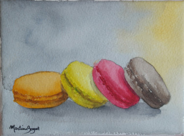 Schilderij getiteld "Macarons en long" door Martine Boguet, Origineel Kunstwerk, Aquarel Gemonteerd op Frame voor houten bra…