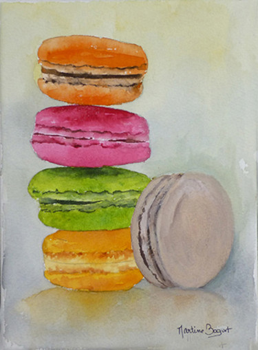 Malarstwo zatytułowany „Macaron vanille” autorstwa Martine Boguet, Oryginalna praca, Akwarela Zamontowany na Drewniana rama…