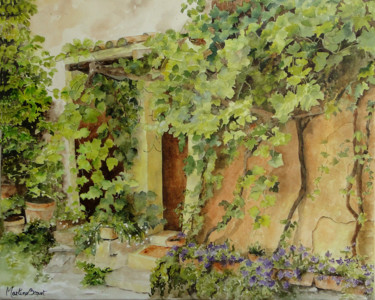 Malerei mit dem Titel "Porte à la vigne" von Martine Boguet, Original-Kunstwerk, Aquarell Auf Keilrahmen aus Holz montiert