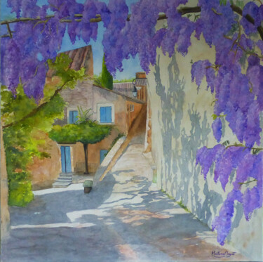 Painting titled "Glycines au Village" by Martine Boguet, Original Artwork, Watercolor Mounted on Wood Stretcher frame
