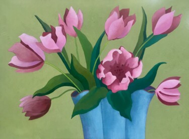 Картина под названием "Tulips in a Blue Va…" - Mary Downe, Подлинное произведение искусства, Масло