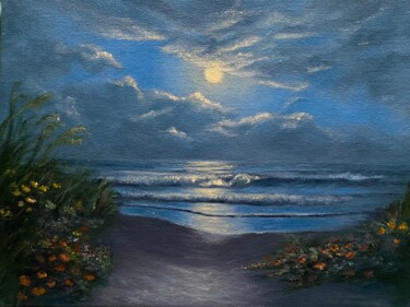 Painting titled "The sea under the m…" by Mary Sea, Original Artwork, Oil