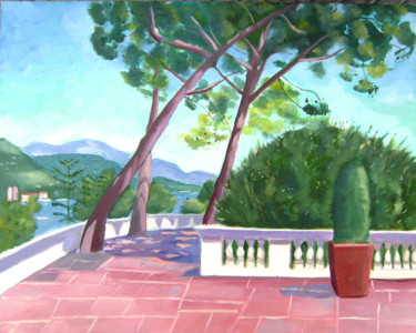 Malerei mit dem Titel "Trees in Monaco" von Mary Stubberfield, Original-Kunstwerk, Öl Auf Keilrahmen aus Holz montiert
