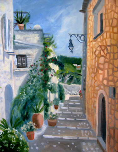 Painting titled "St Paul-de-Vence" by Mary Stubberfield, Original Artwork, Oil Mounted on Wood Stretcher frame