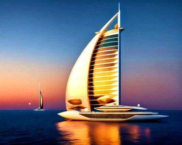 Artes digitais intitulada "Burj Al Arab Dubai'…" por Mary Gov, Obras de arte originais, Imagem gerada por IA