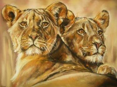 Painting titled "Les lionnes" by Marylise Froehly, Original Artwork, Pastel