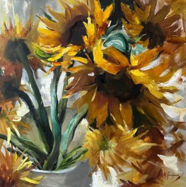 Painting titled "Amber Sunflower — o…" by Maryna Hryhorenko, Original Artwork, Oil Mounted on Wood Stretcher frame