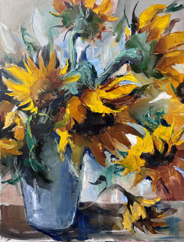 "Sunflowers in vase…" başlıklı Tablo Maryna Hryhorenko tarafından, Orijinal sanat, Petrol Ahşap Sedye çerçevesi üzerine mont…