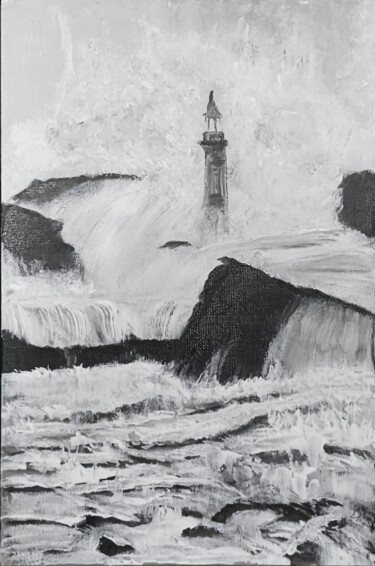 Drawing titled "Faro e mare in temp…" by Maryna Krasilovska Blasizza, Original Artwork, Acrylic