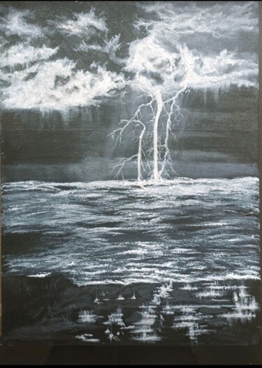 Drawing titled "Sea at night Thunde…" by Maryna Krasilovska Blasizza, Original Artwork, Acrylic