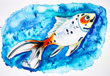 Painting titled "Shubunkin Goldfish…" by Maryna Pohorielko, Original Artwork, Watercolor