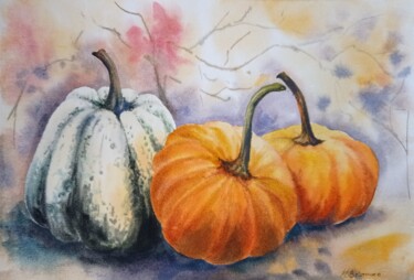 Pintura intitulada "Pumpkin love" por Maryna Voitenko, Obras de arte originais, Aquarela