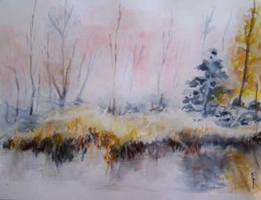 Painting titled "Au bord de l'étang…" by Maryse Curinier-Rochette, Original Artwork, Watercolor