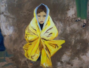 Pintura intitulada "La petite réfugiée" por Maryse Curinier-Rochette, Obras de arte originais, Óleo Montado em Armação em ma…